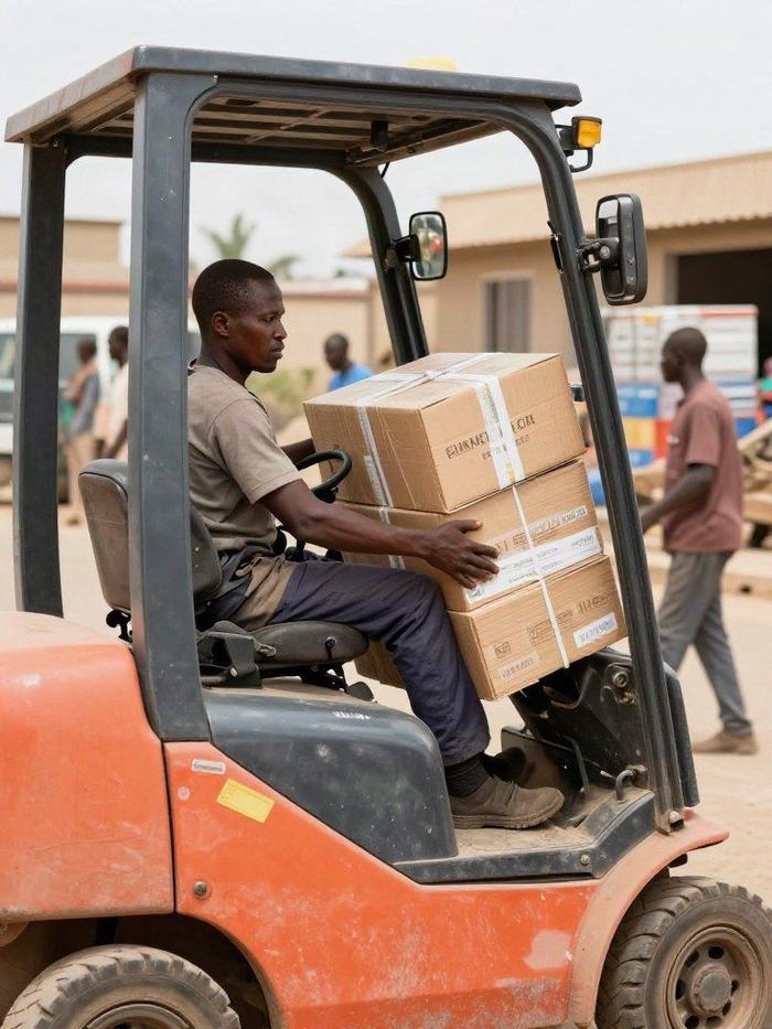 Cariste transportant des colis sur un site logistique