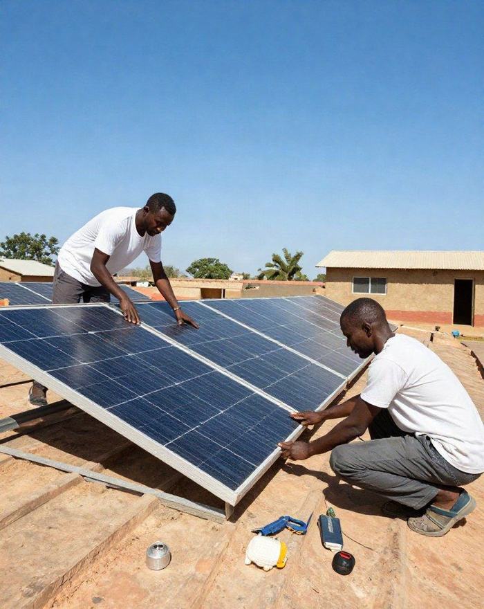 Techniciens installant des panneaux solaires sur un toit