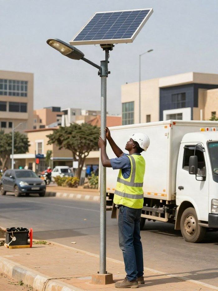 Technicien installant un lampadaire solaire urbain