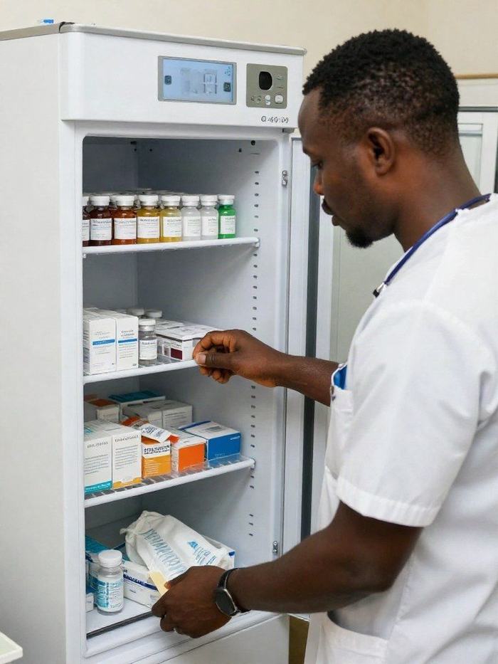 Professionnel de santé vérifiant une chaîne du froid pharmaceutique