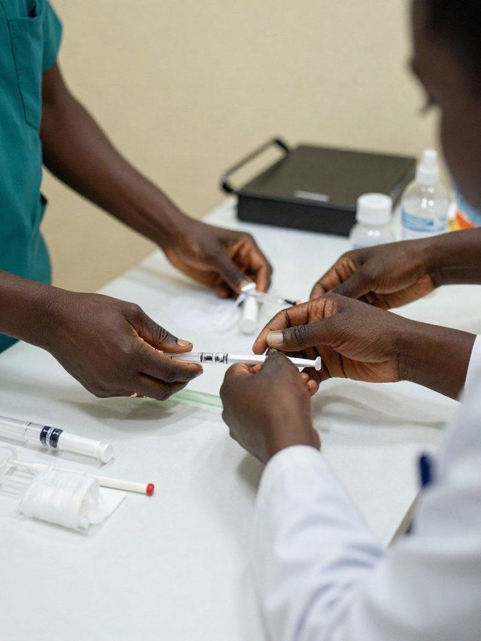 Personnel médical préparant du matériel d'injection