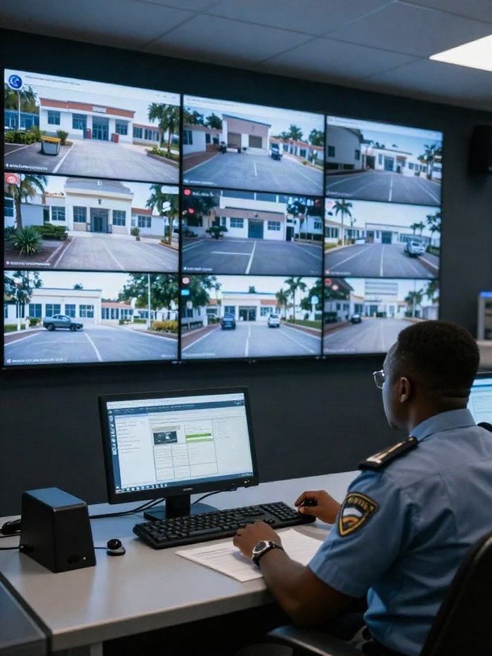 Agent de sécurité surveillant des écrans de vidéosurveillance en salle de contrôle